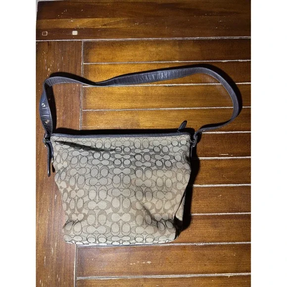 Coach Signature C Monogram Canvas Leather Trim Shoulder Bag‎ Brown Beige - Picture 5 of 8